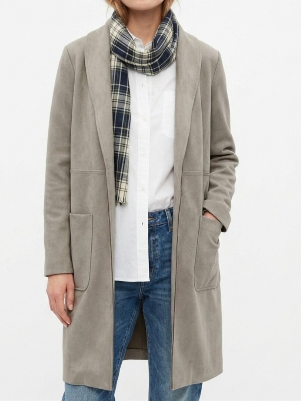 Joan Vass New York@ Bloomingdales Faux Suede Taupe-olive Open-Front Long Coat